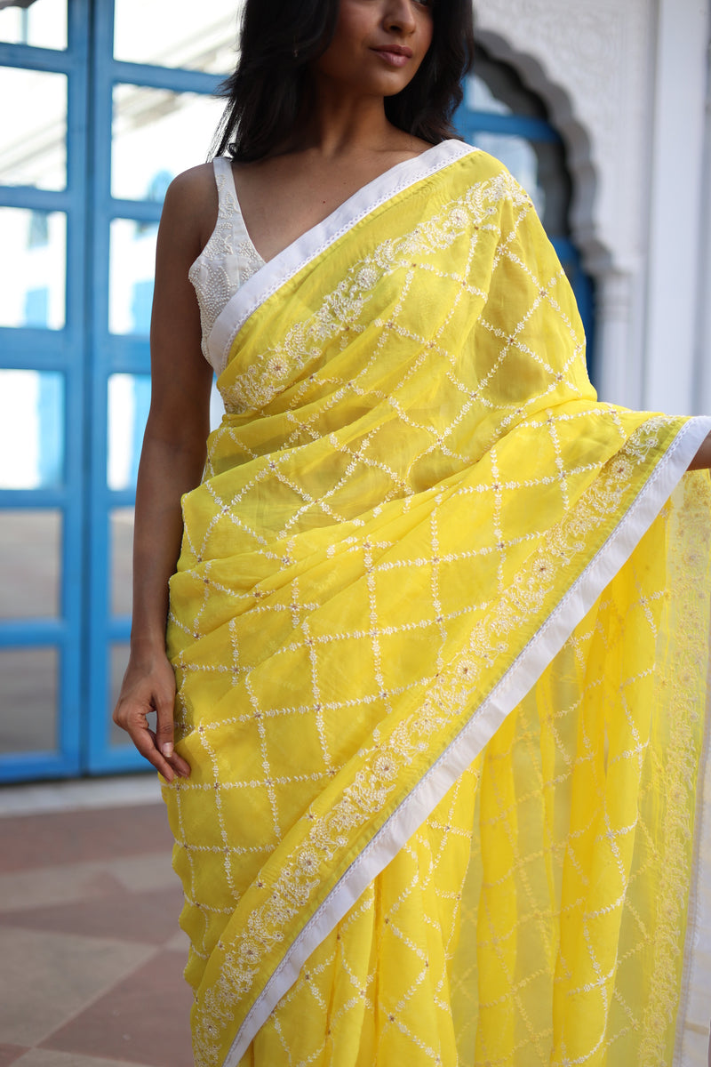 NEON YELLOW CROSSBUTI ORGANZA SILK SAREE