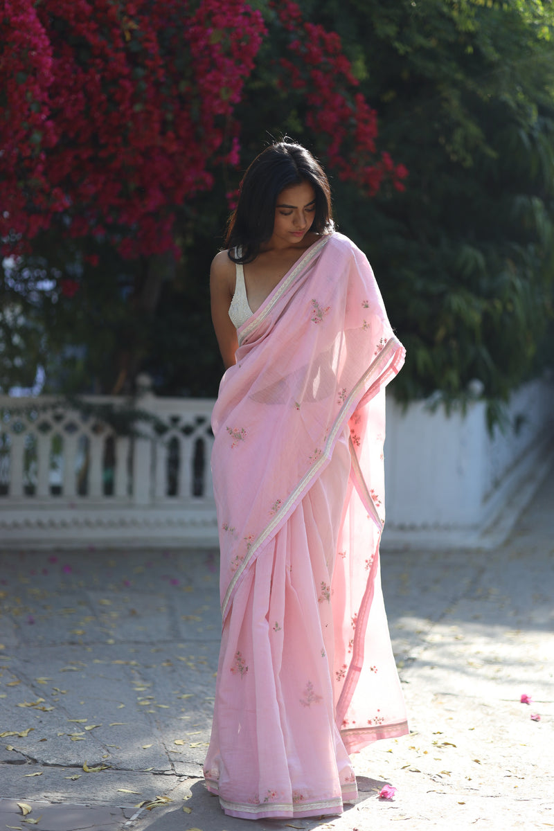 BLUSH PINK FLORAL CHANDERI SAREE