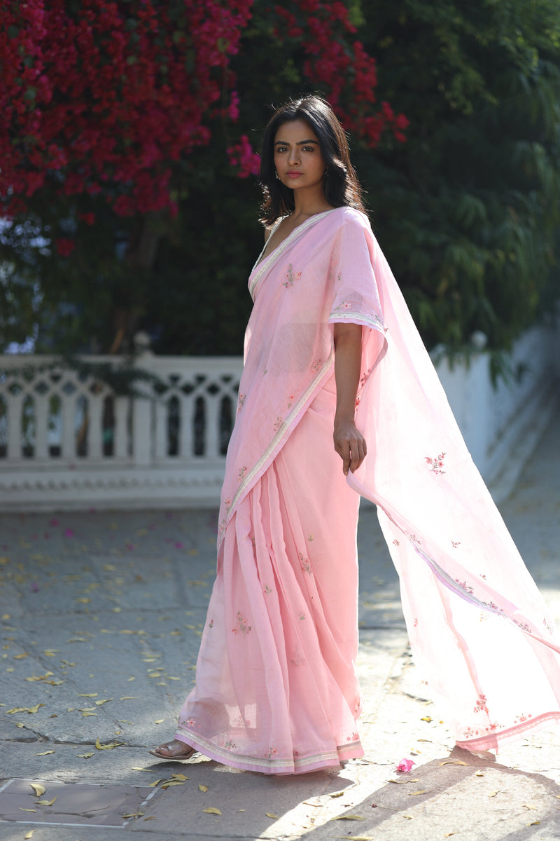 BLUSH PINK FLORAL CHANDERI SAREE