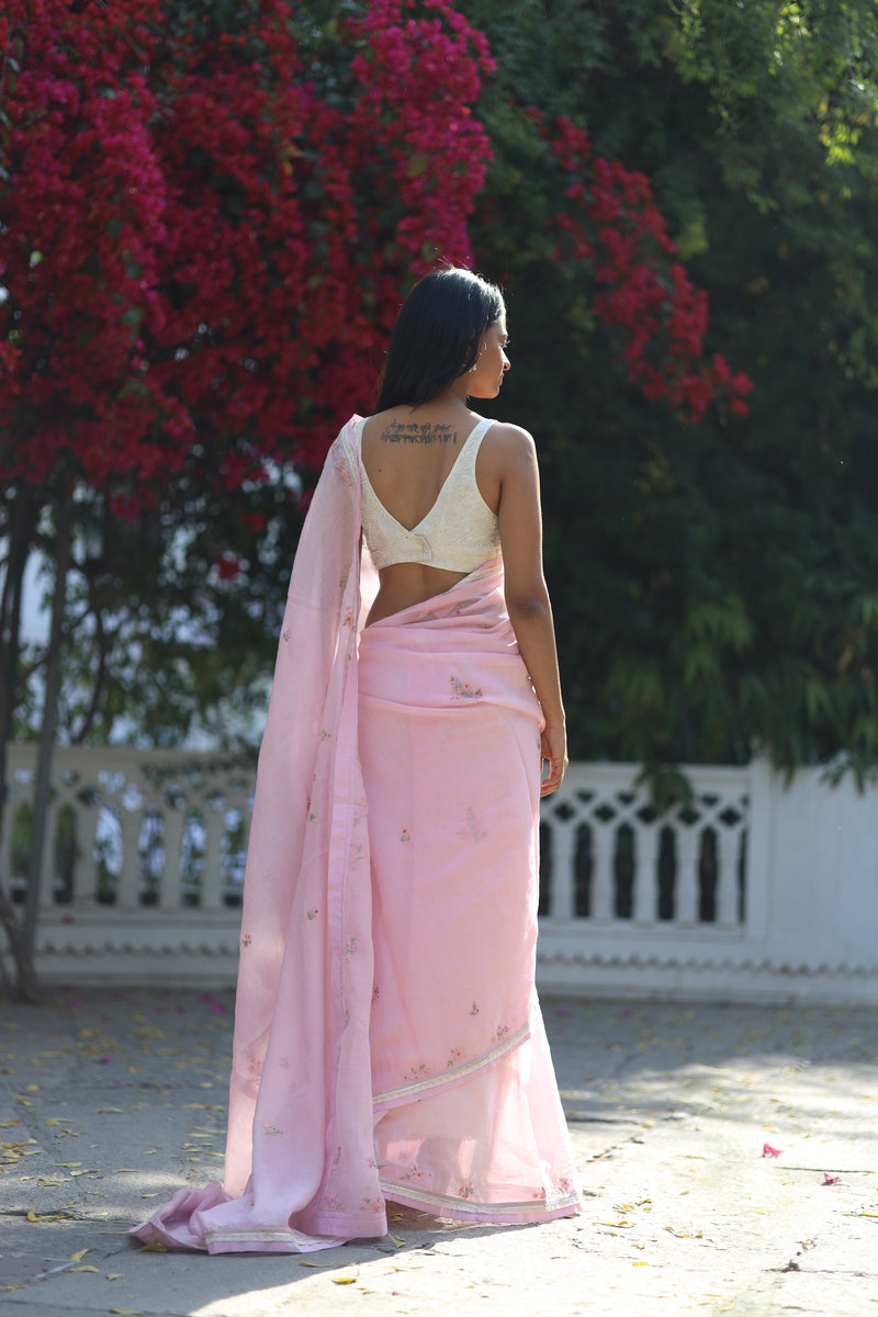 BLUSH PINK FLORAL CHANDERI SAREE