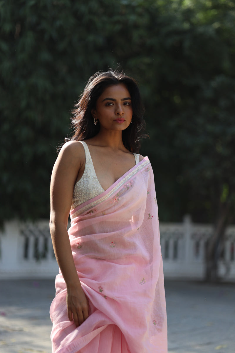 BLUSH PINK FLORAL CHANDERI SAREE