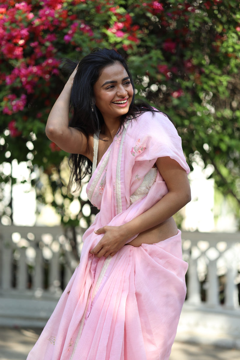 BLUSH PINK FLORAL CHANDERI SAREE