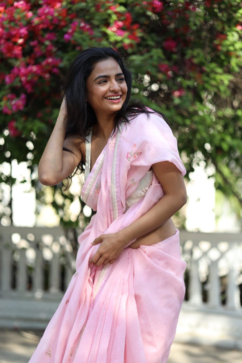 BLUSH PINK FLORAL CHANDERI SAREE