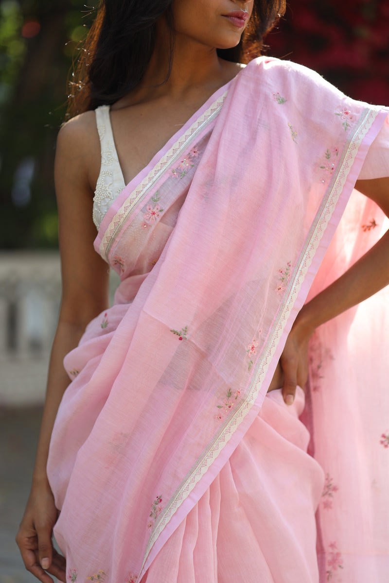 BLUSH PINK FLORAL CHANDERI SAREE