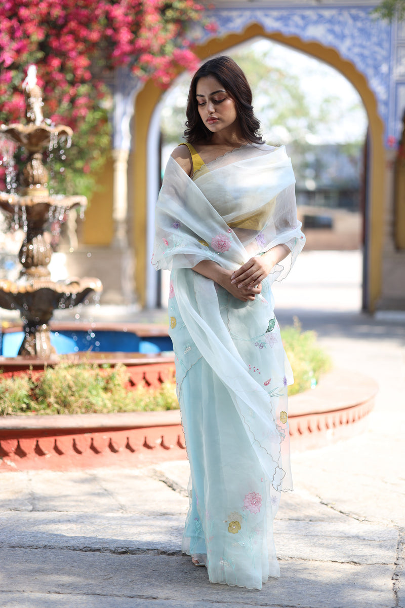 ICE BLUE APPLIQUE ORGANZA SILK SAREE