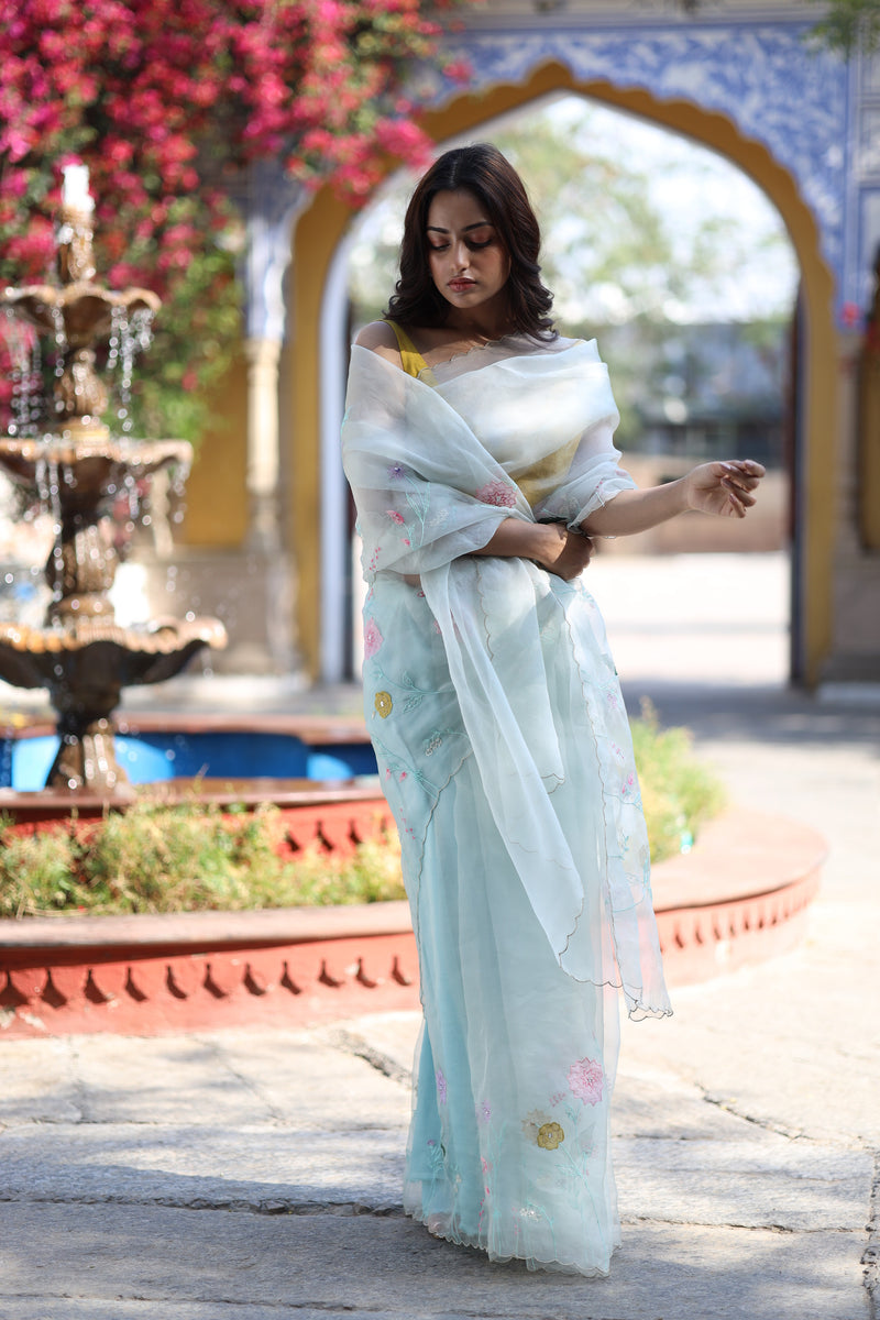 ICE BLUE APPLIQUE ORGANZA SILK SAREE