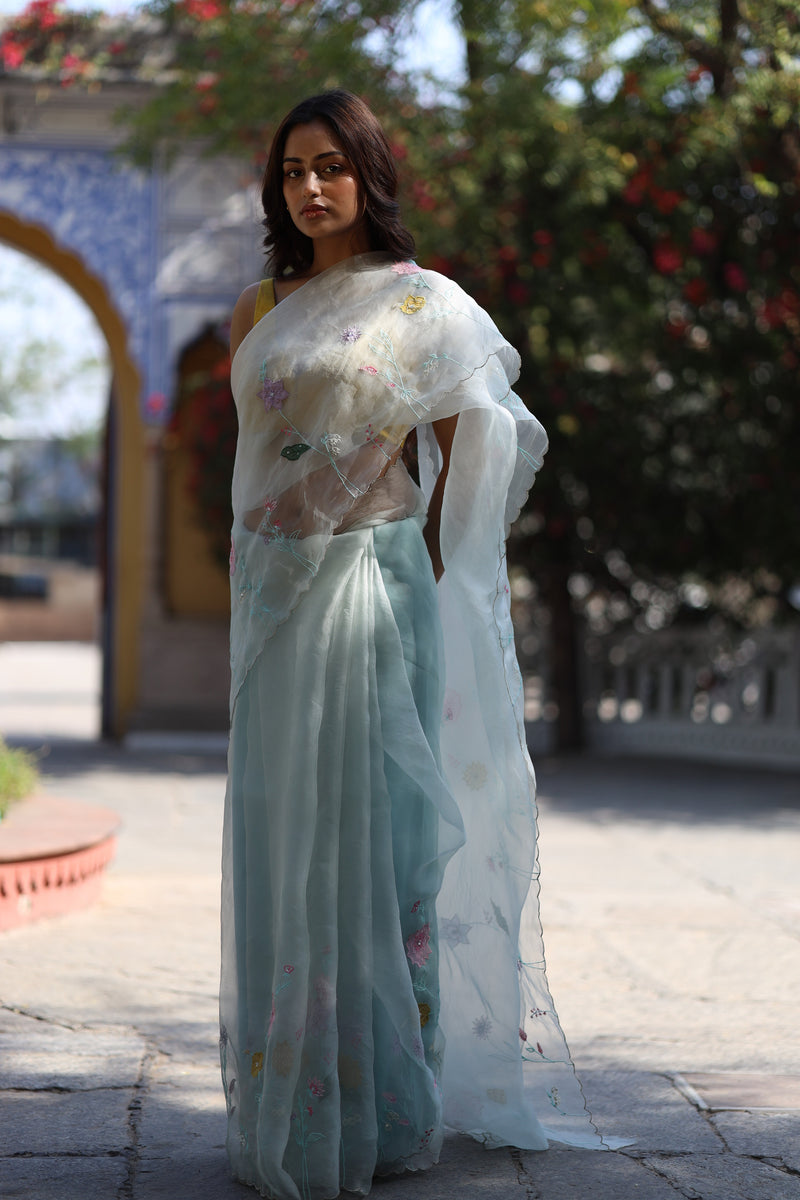 ICE BLUE APPLIQUE ORGANZA SILK SAREE