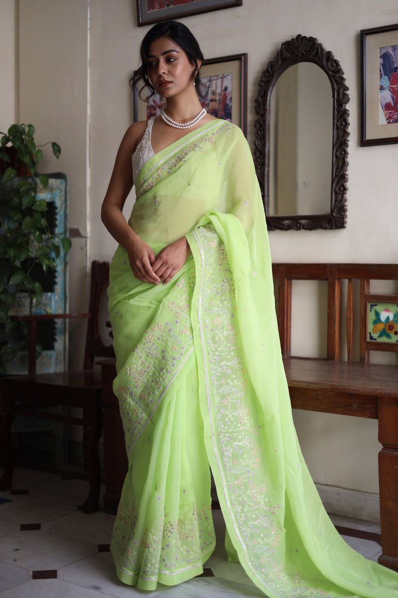 Neon Green Miniature Organza silk saree