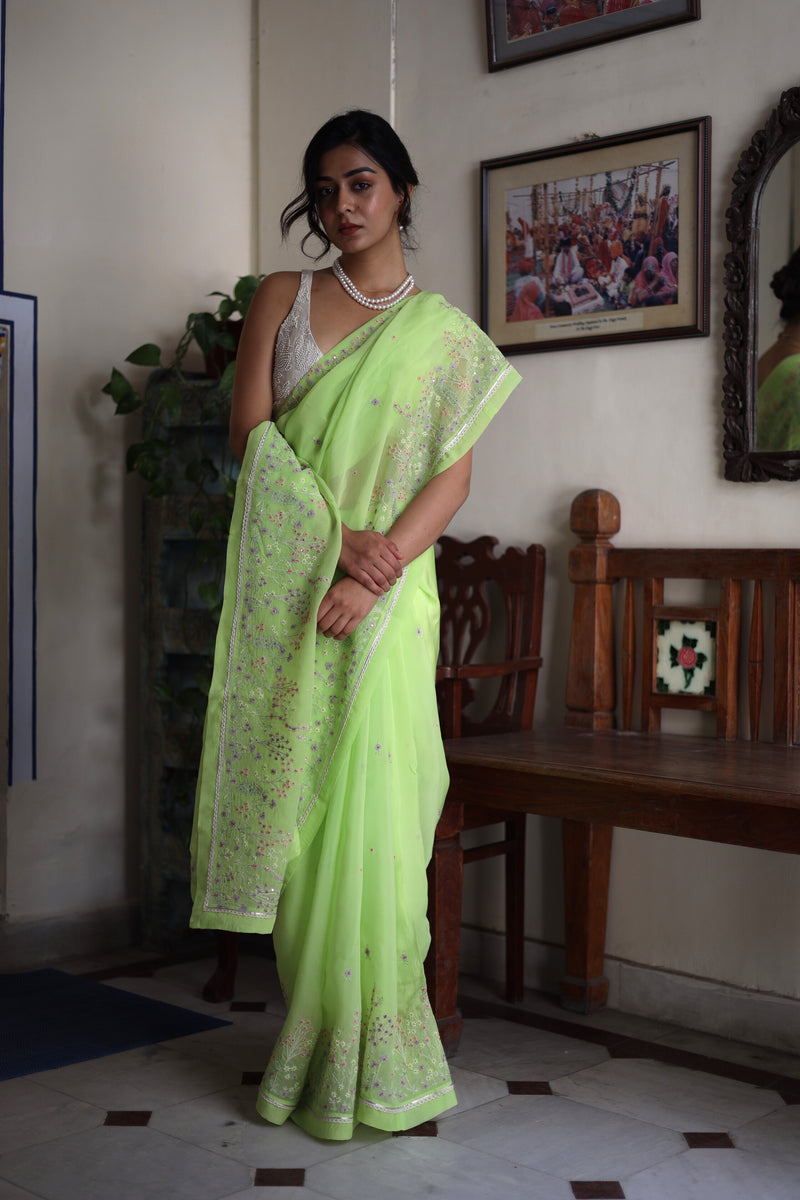 Neon Green Miniature Organza silk saree