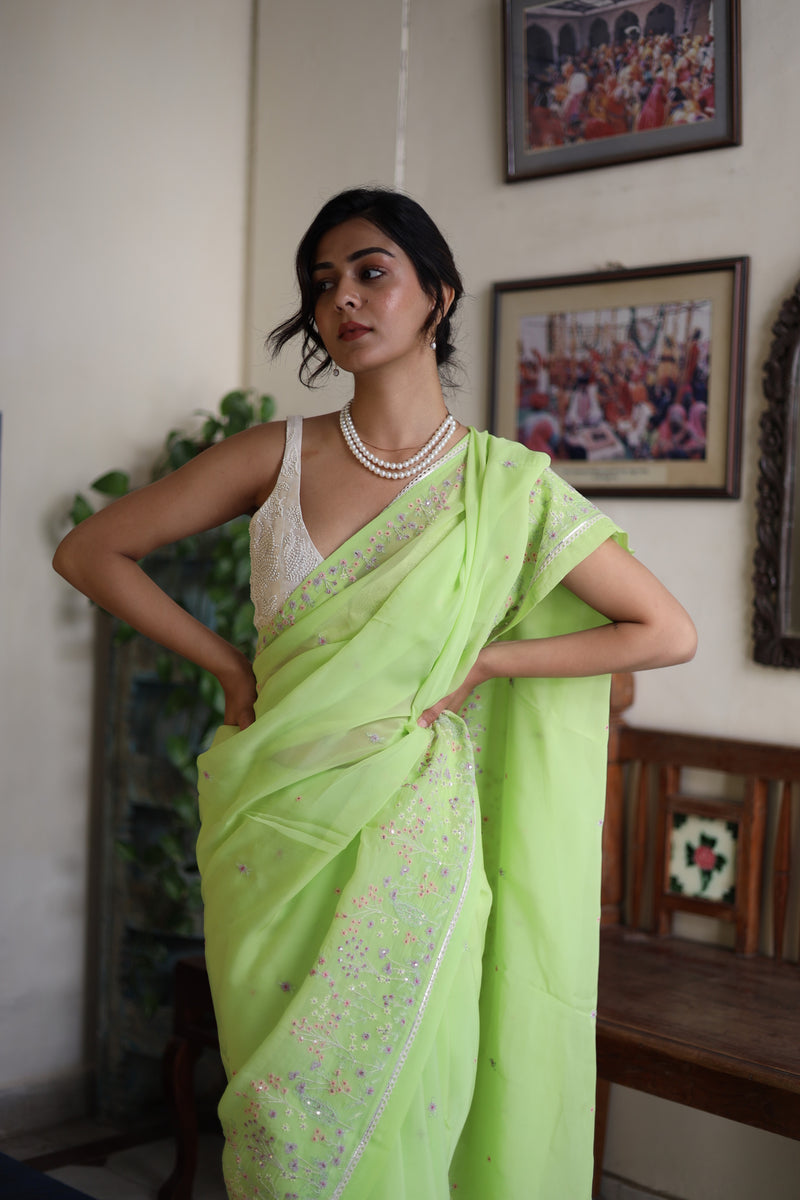 Neon Green Miniature Organza silk saree