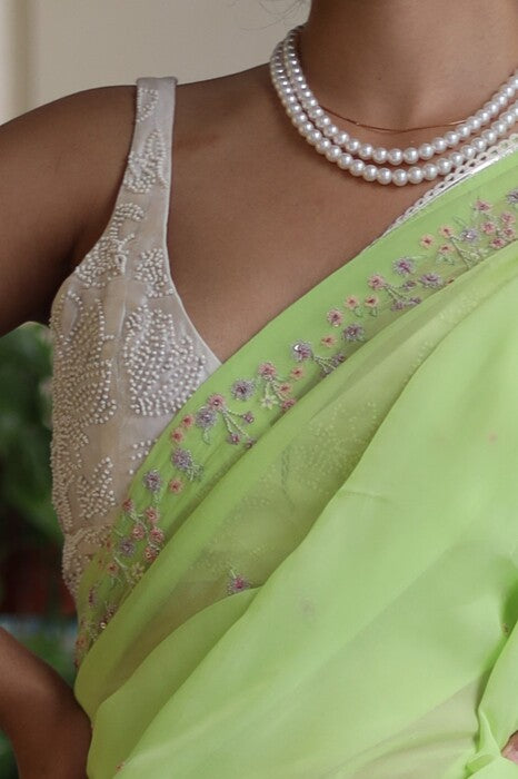 Neon Green Miniature Organza silk saree