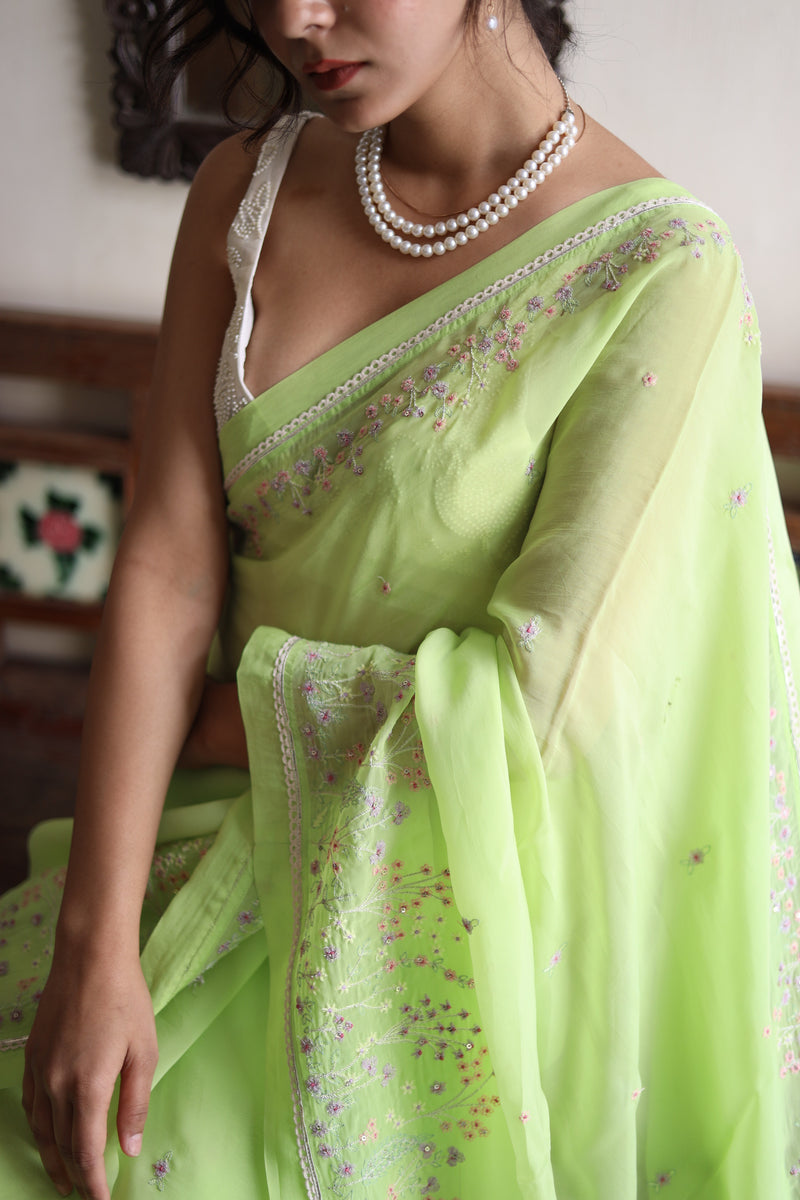 Neon Green Miniature Organza silk saree