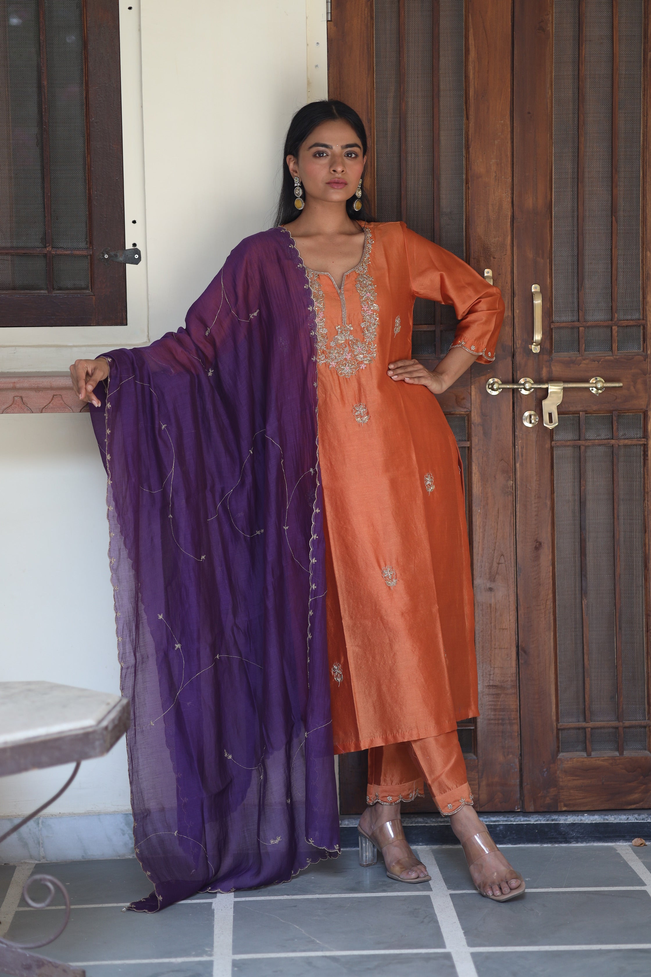 Rust orange peonies and parrot kurta set
