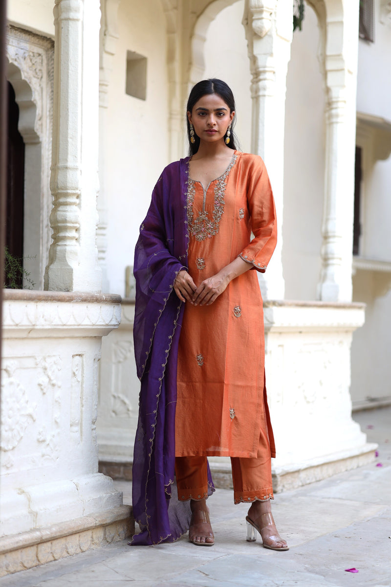 Rust orange peonies and parrot kurta set