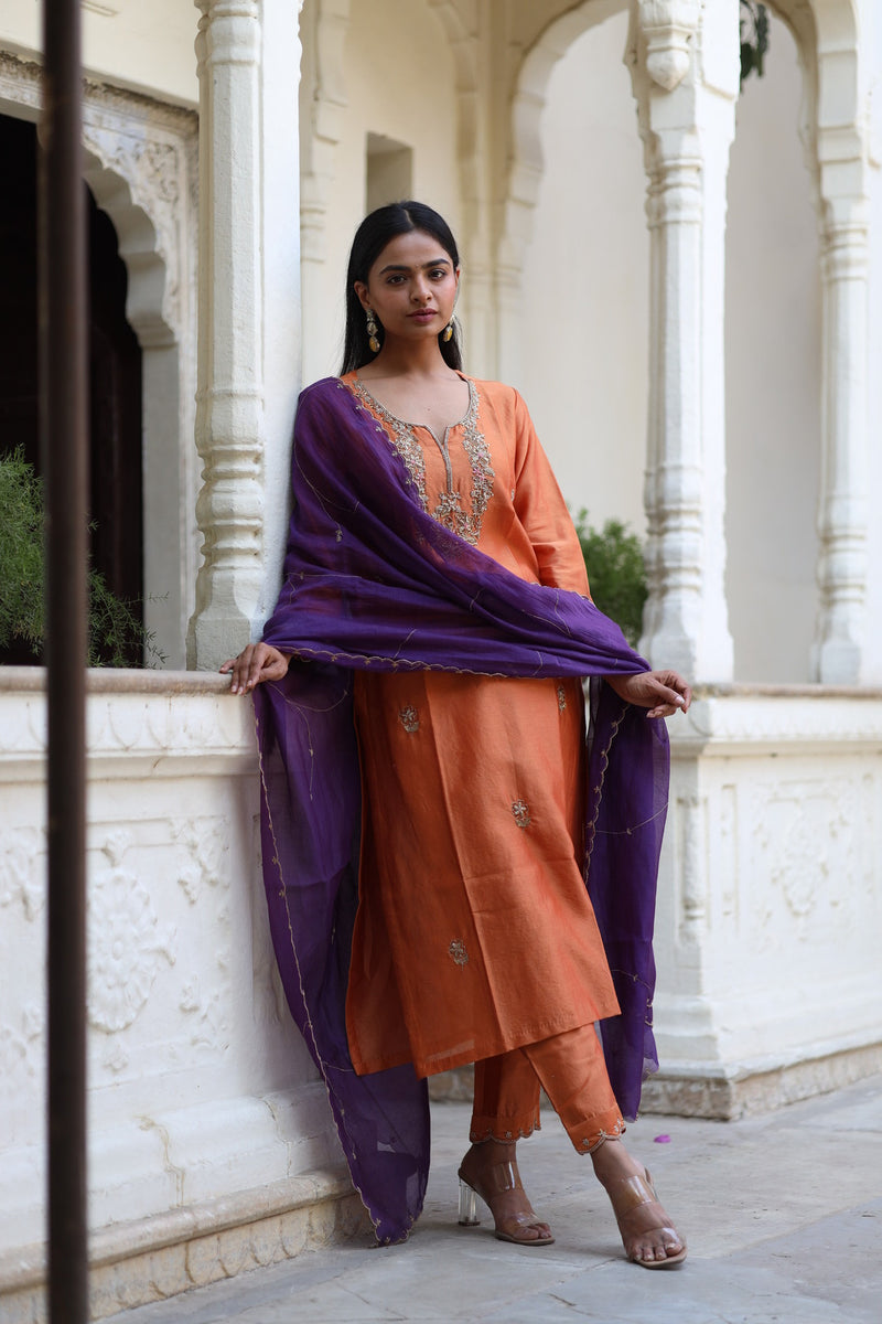 Rust orange peonies and parrot kurta set