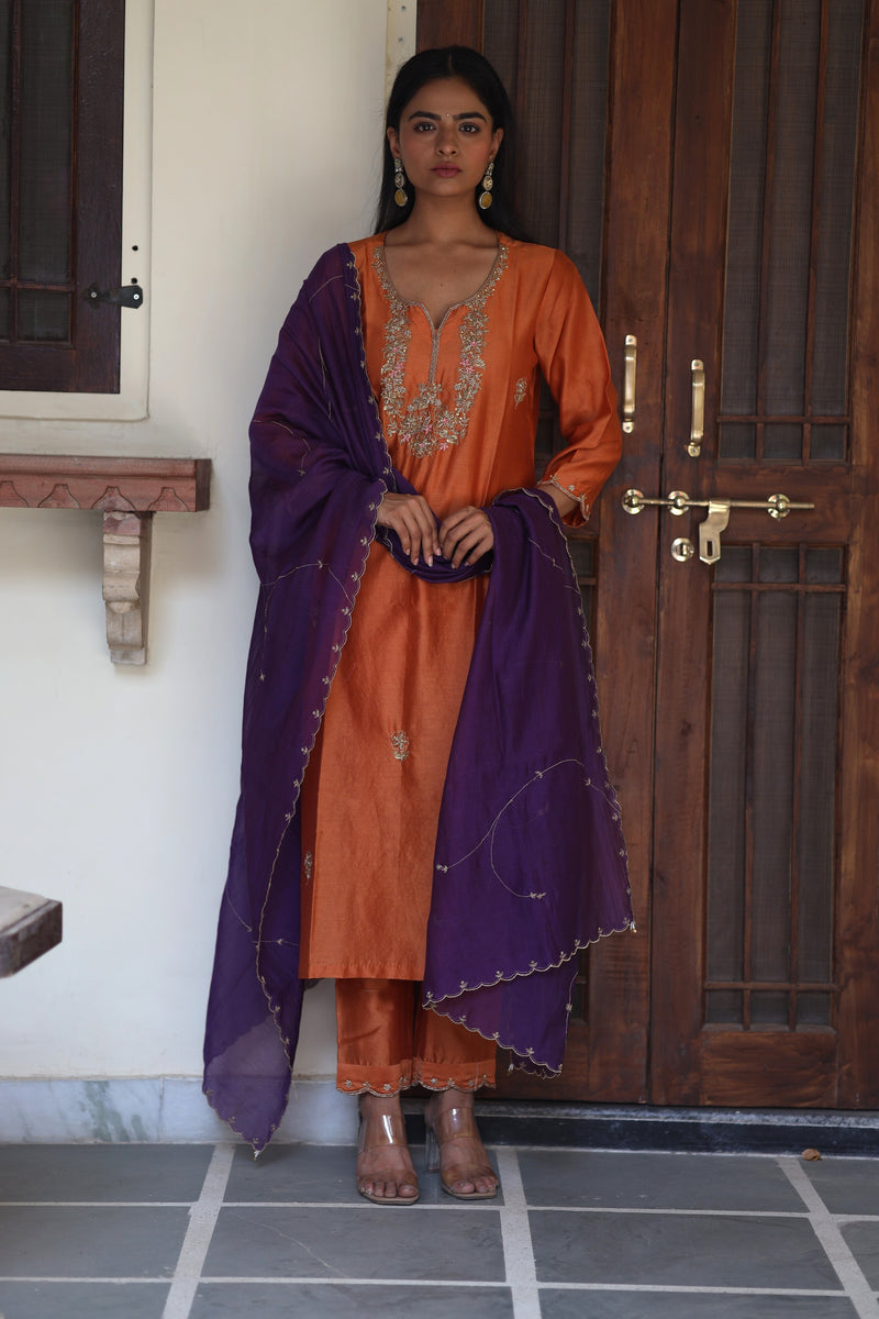 Rust orange peonies and parrot kurta set