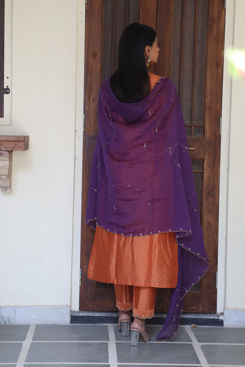 Rust orange peonies and parrot kurta set