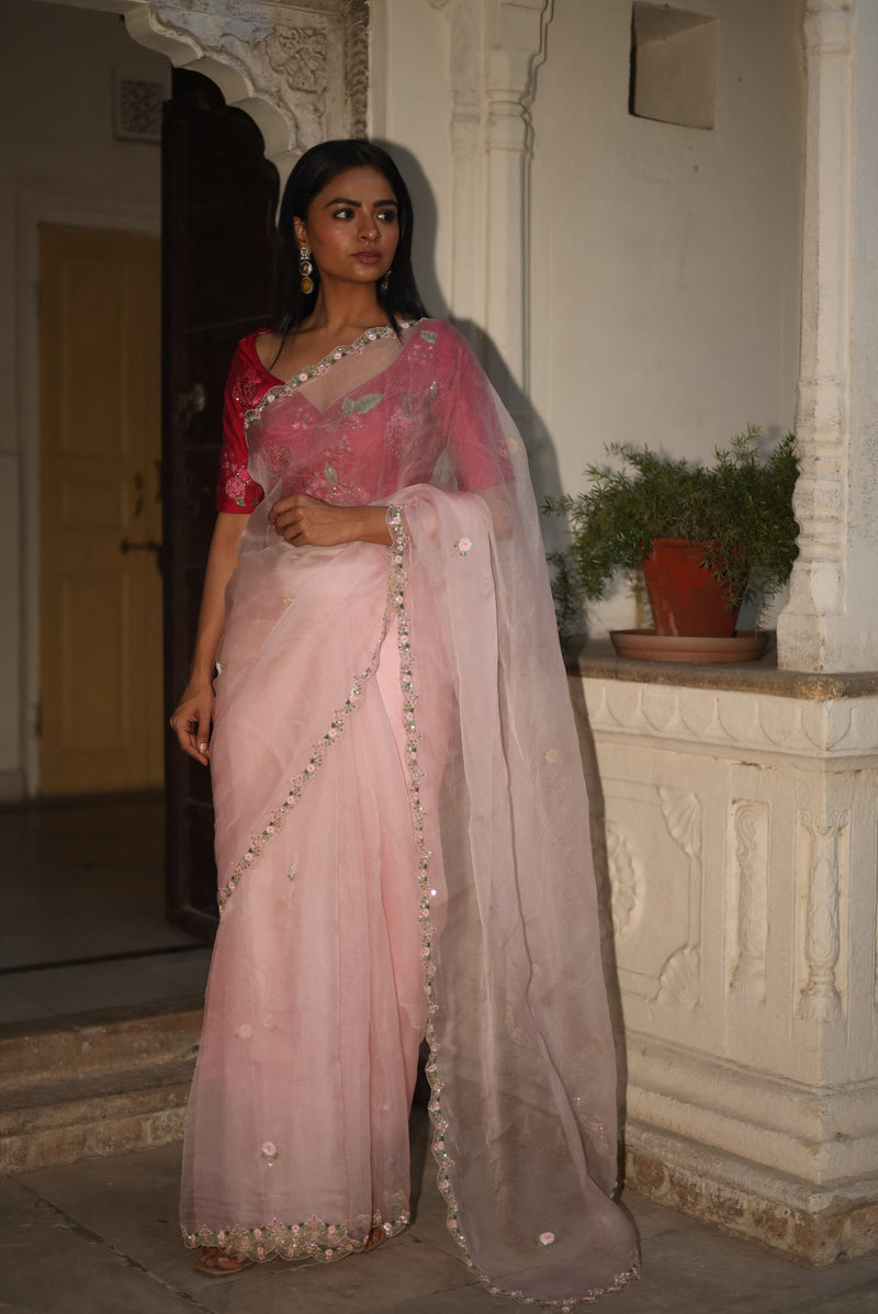 Romantic Pink border organza SILK saree