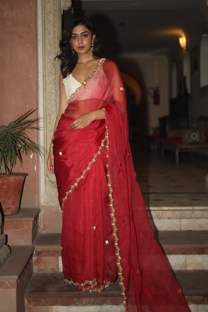 COREL RED ROMANTIC ORGANZA SILK SAREE