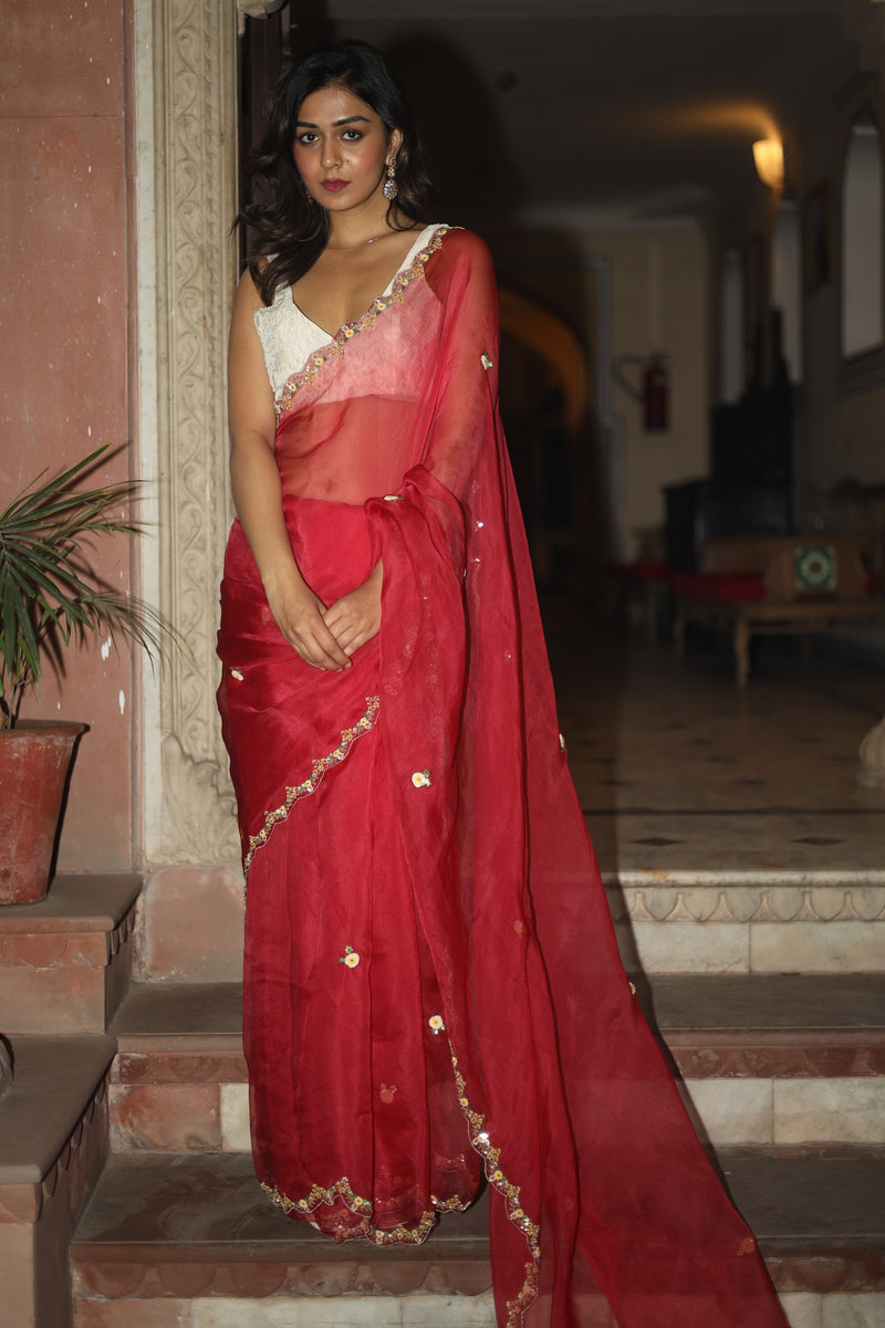 COREL RED ROMANTIC ORGANZA SILK SAREE