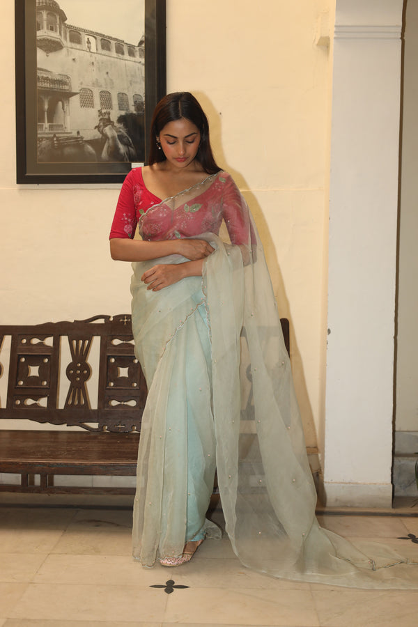 ICE BLUE ROMANTIC ORGANZA SILK SAREE