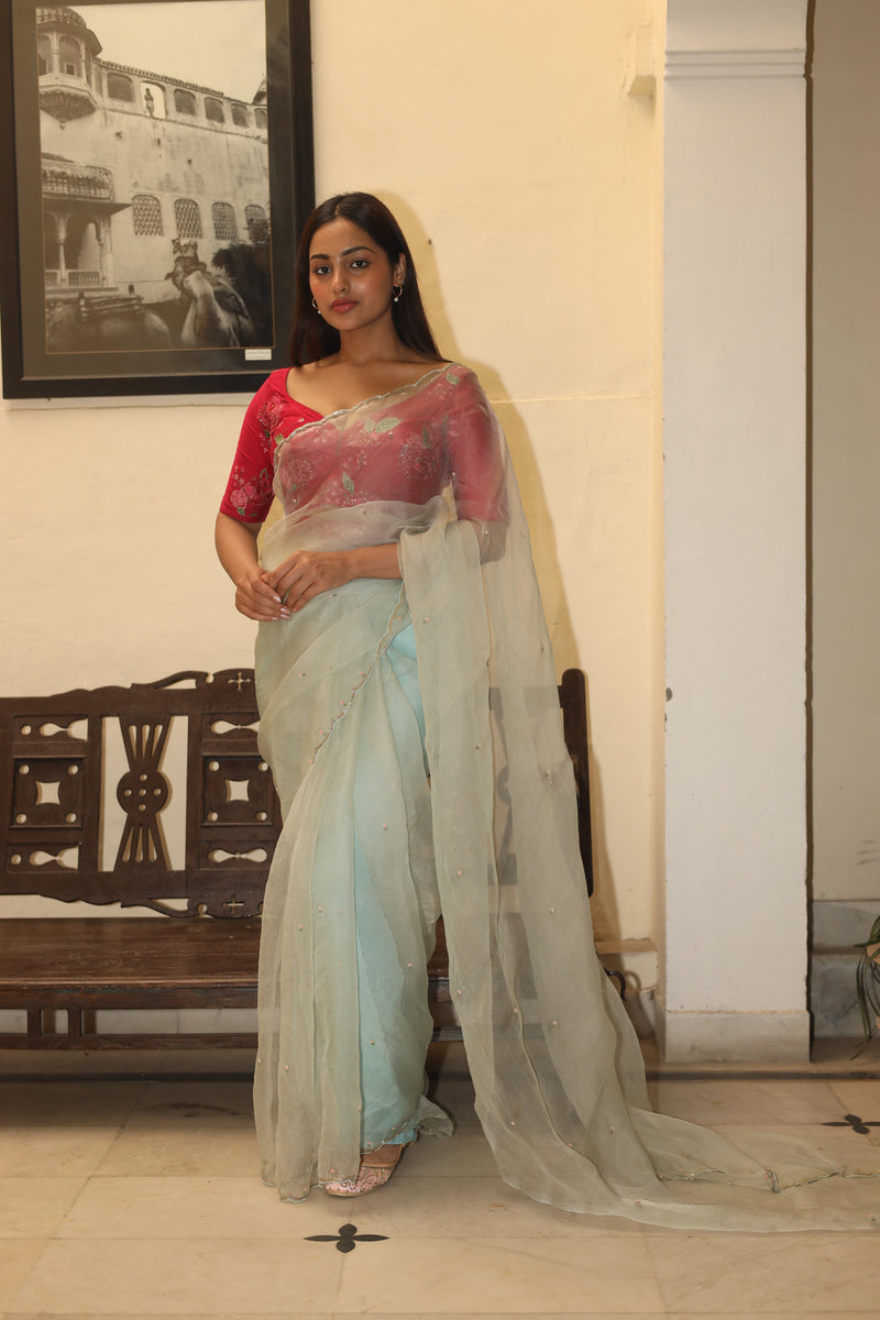 ICE BLUE ROMANTIC ORGANZA SILK SAREE