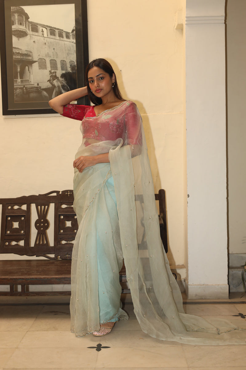 ICE BLUE ROMANTIC ORGANZA SILK SAREE