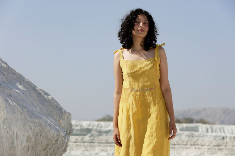 Mustard yellow 
shoulder tie dress