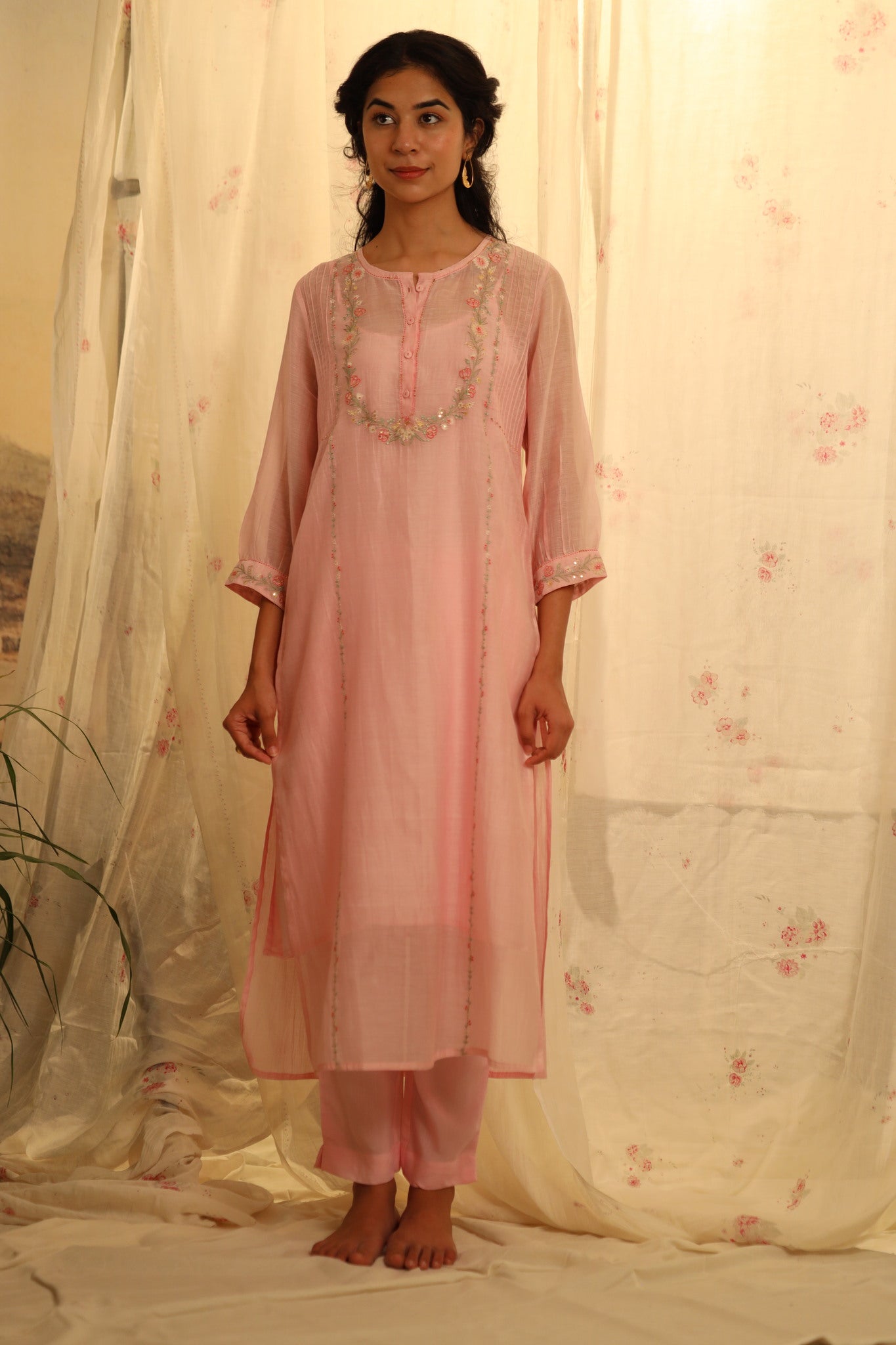Blush pink camellia kurta set with duppata