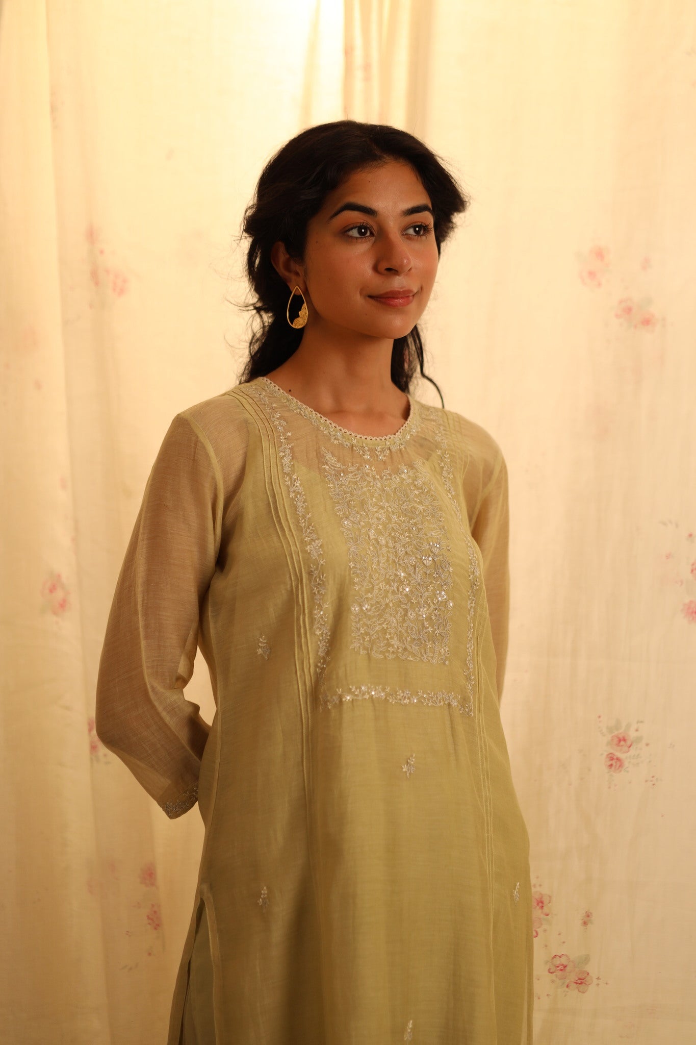 Sage green tonal yoke kurta set with dupatta