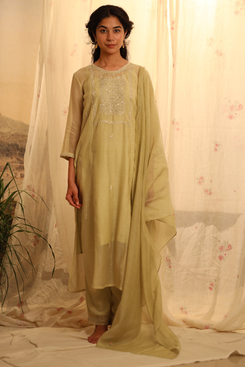 Sage green tonal yoke kurta set