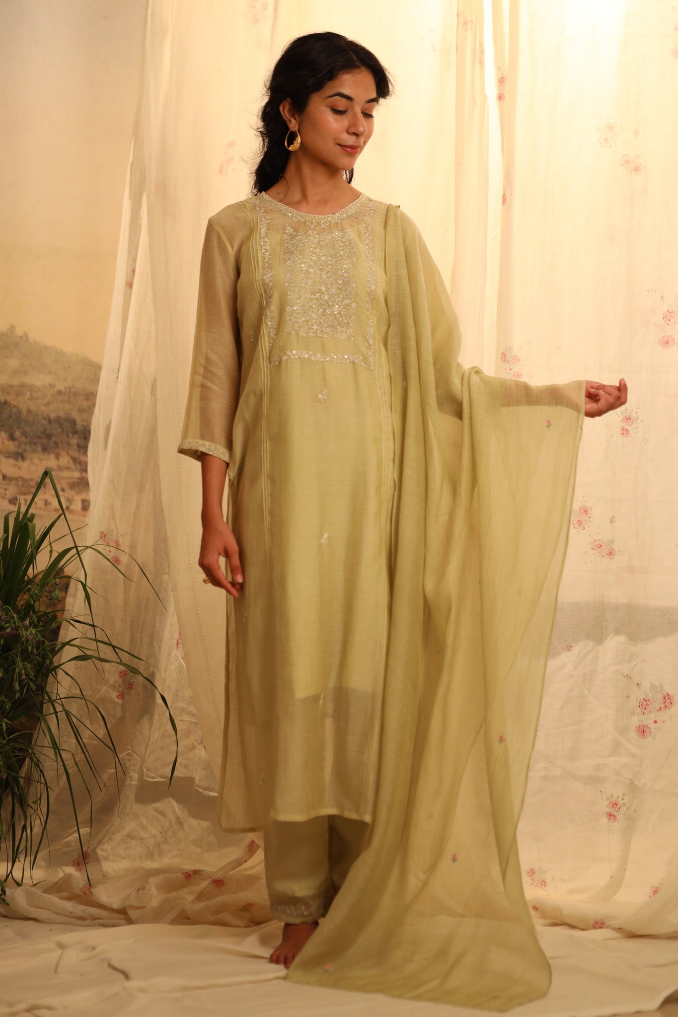 Sage green tonal yoke kurta set with dupatta