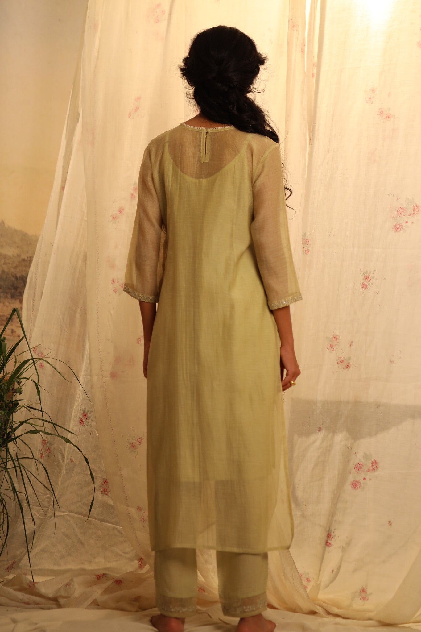 Sage green tonal yoke kurta set with dupatta
