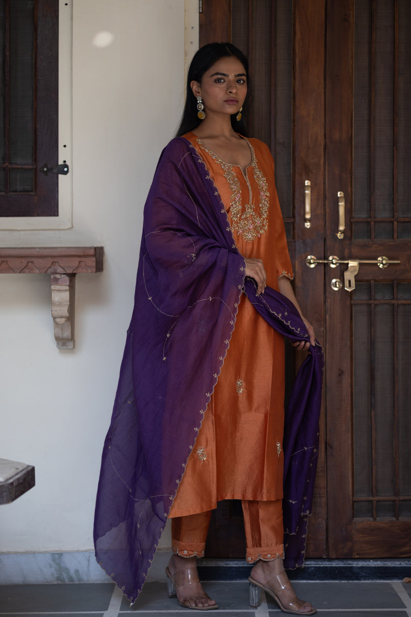 Rust orange peonies and parrot kurta set