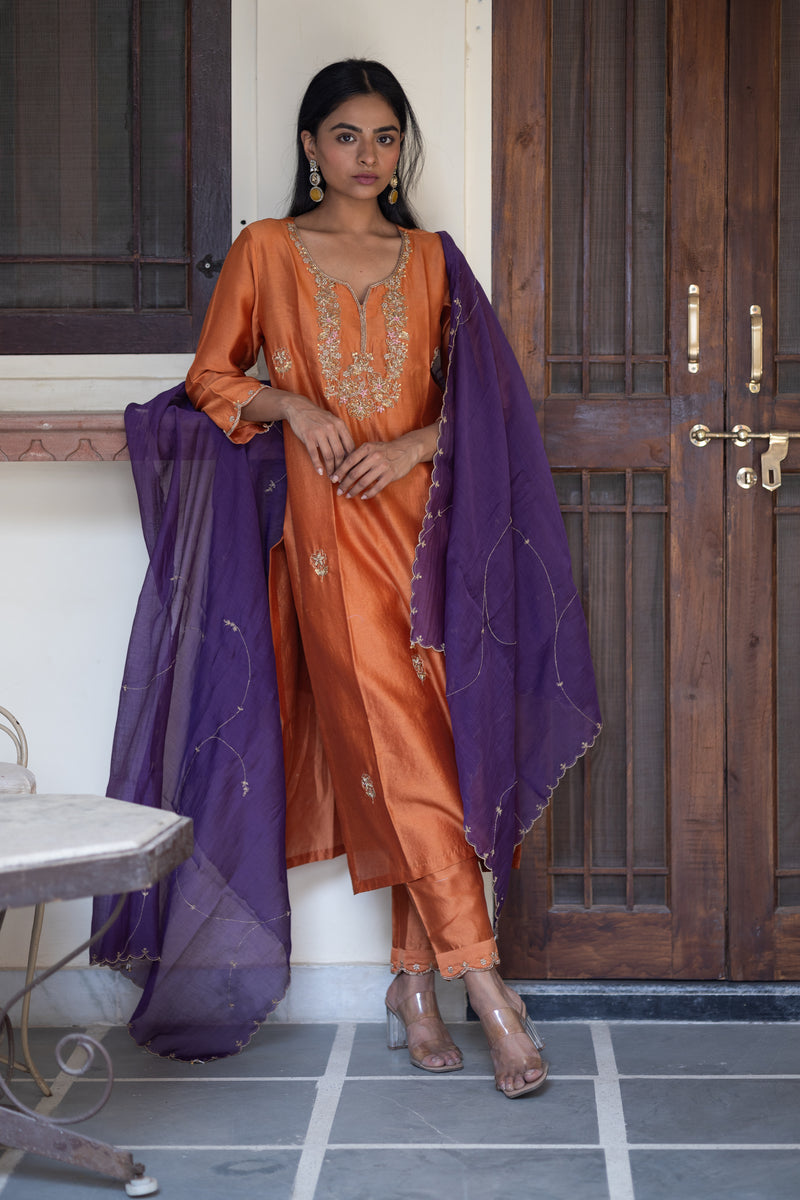 Rust orange peonies and parrot kurta set