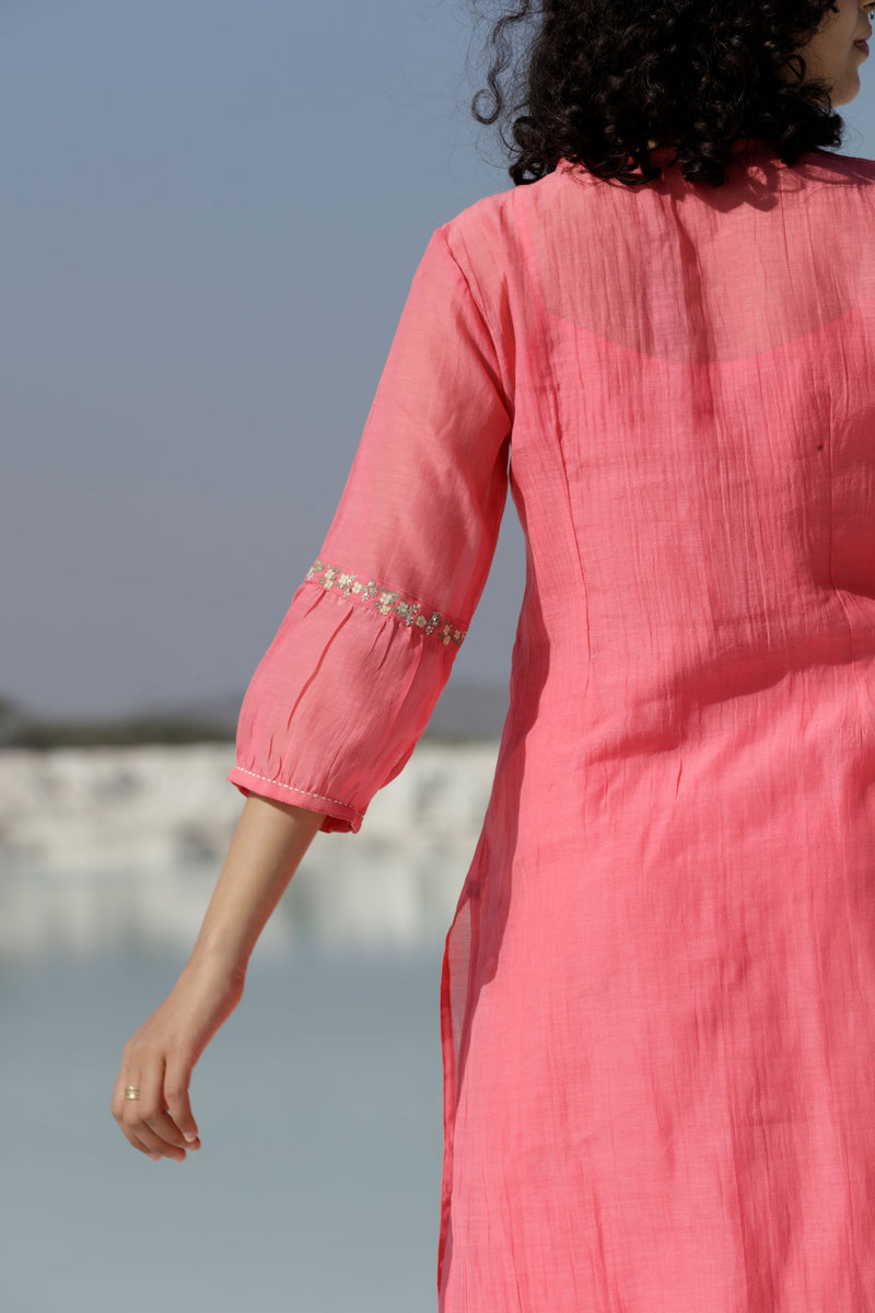 Coral pink Pintuck Yoke Kurta set