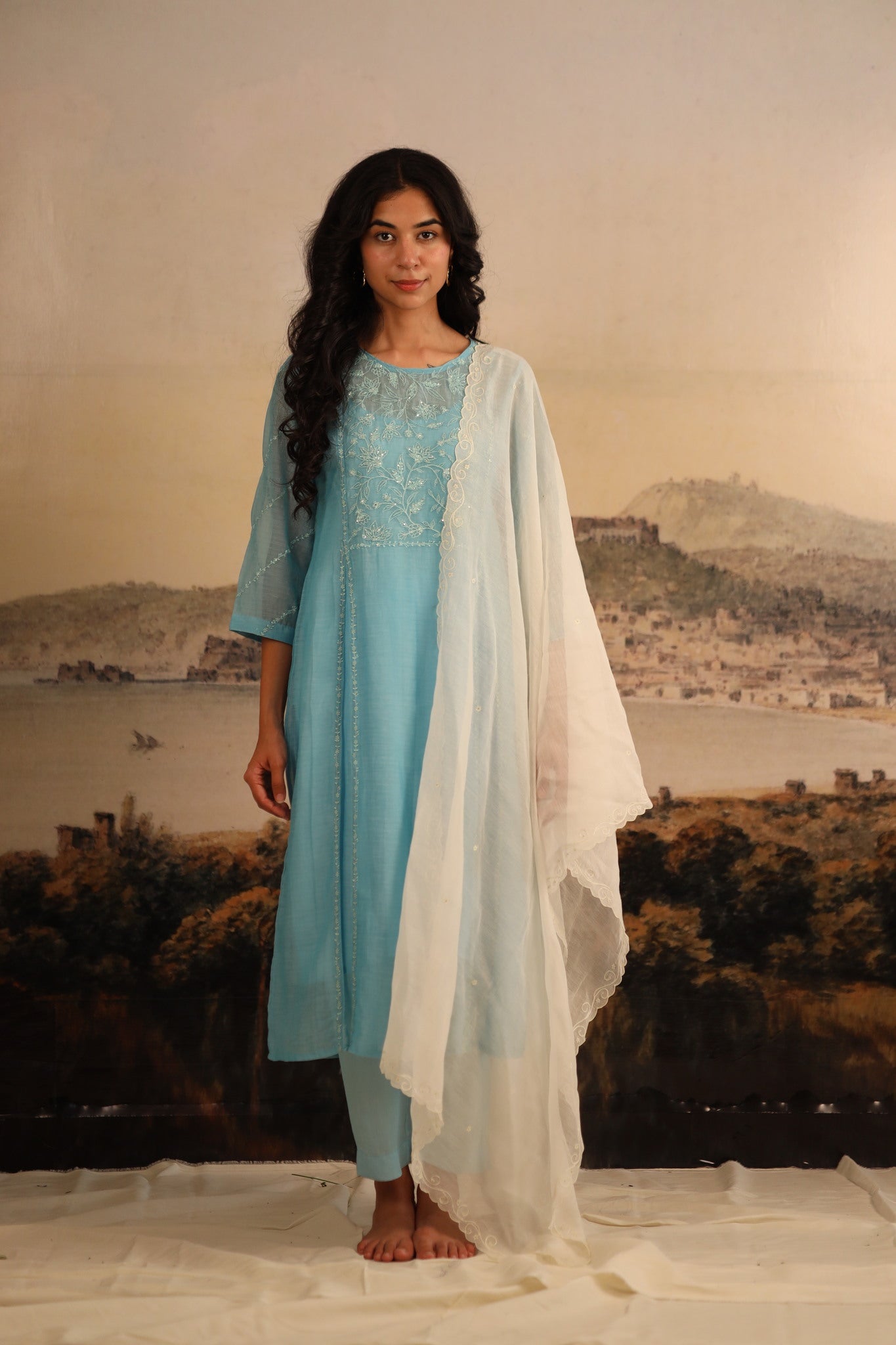 Ivory white tonal emb. Chanderi dupatta