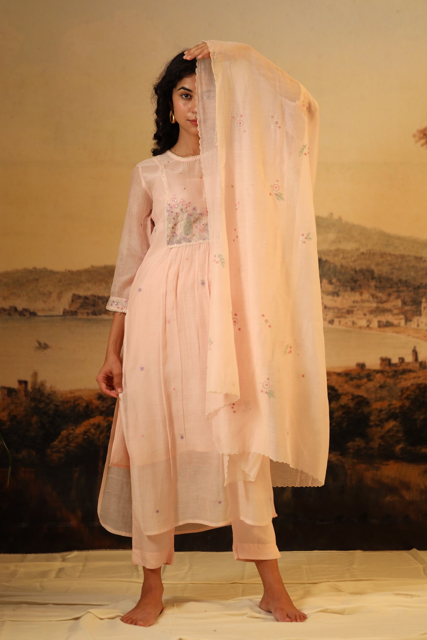 Ivory pink flamingo kurta set with dupatta