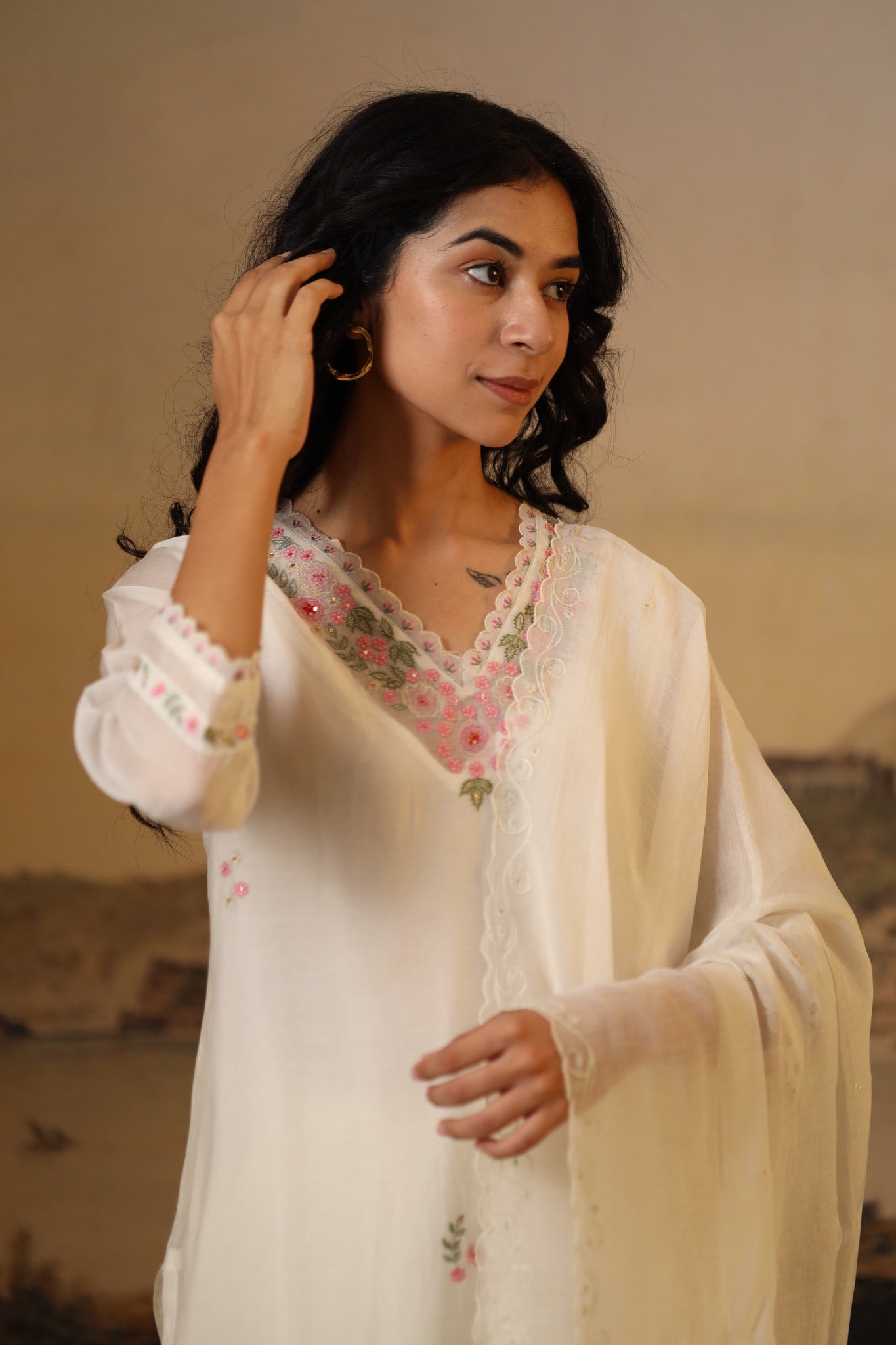 Ivory white tonal emb. Chanderi dupatta