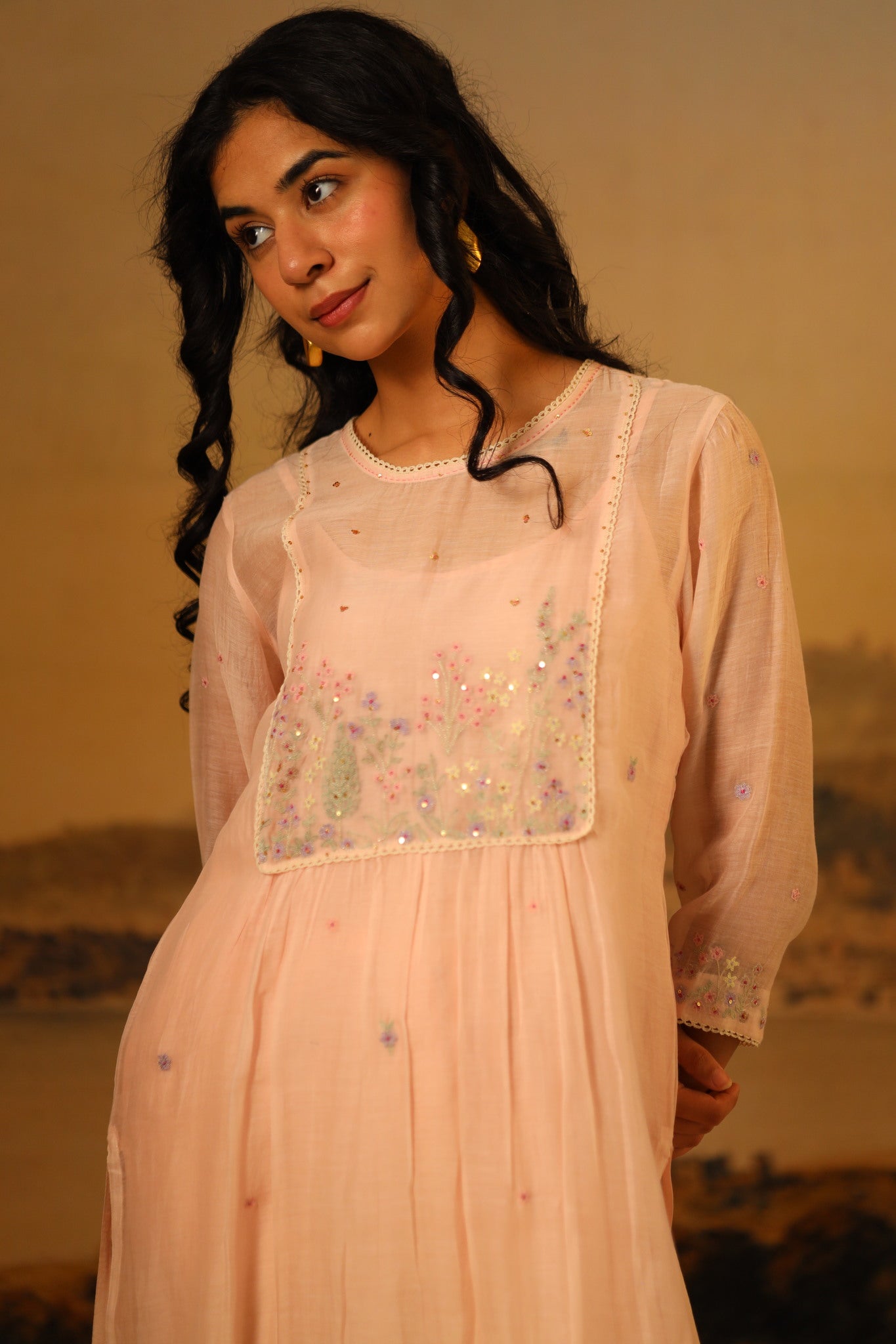 Ivory pink flamingo kurta set with dupatta