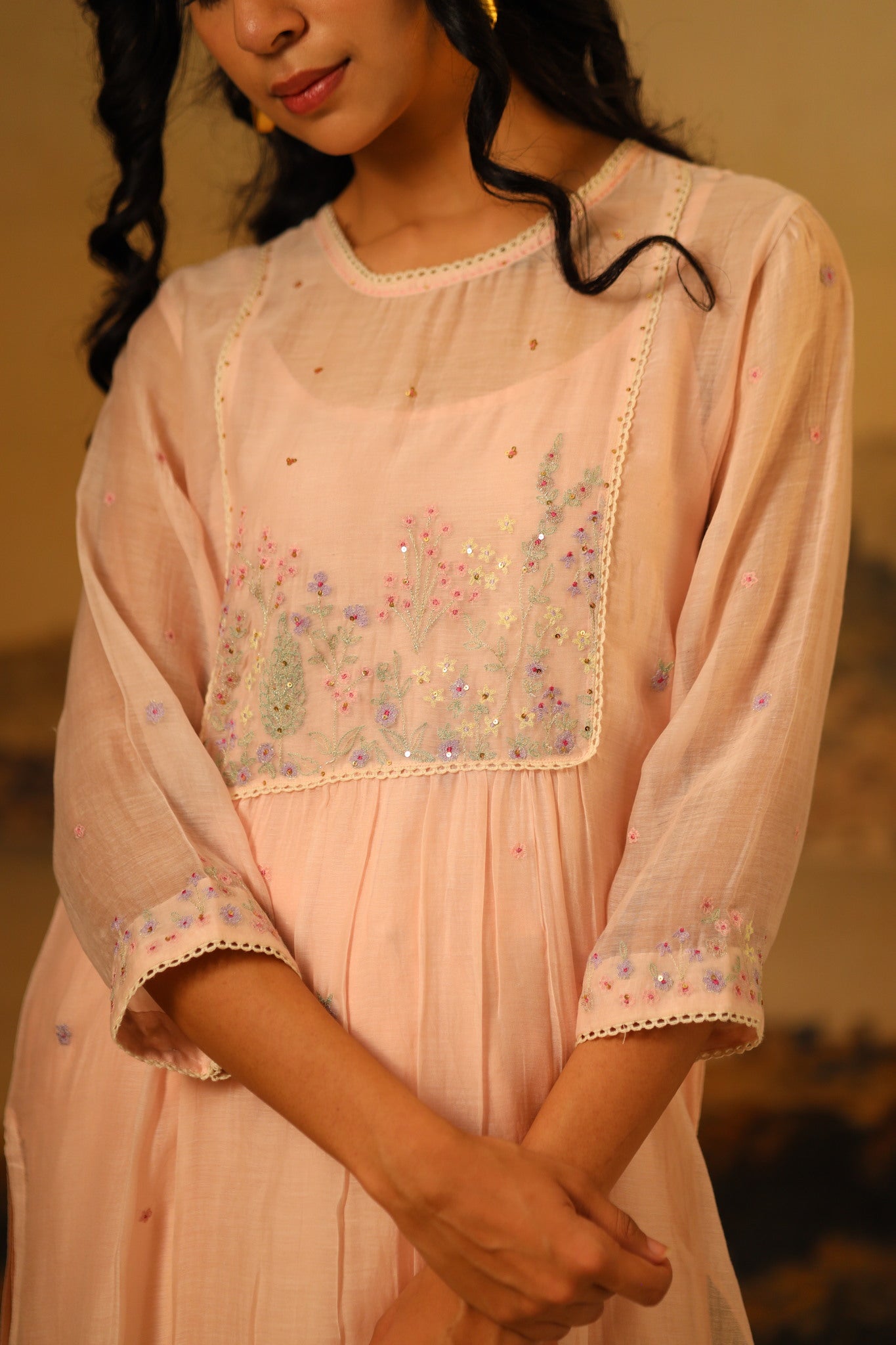 Ivory pink flamingo kurta set with dupatta