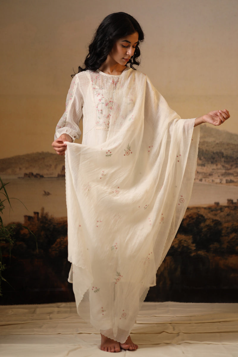 Ivory miniature embroidered  chanderi dupatta