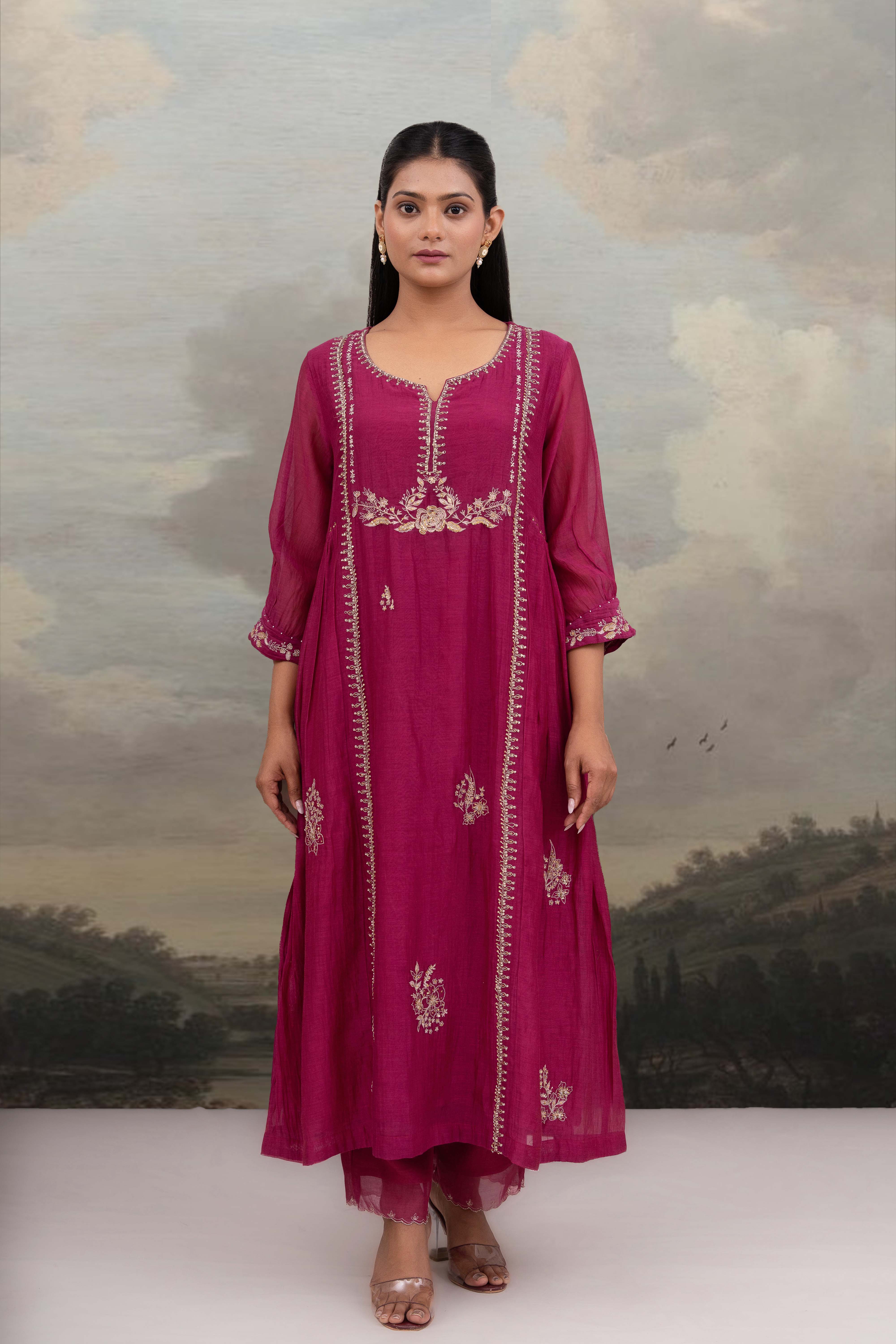 Rani pink gold rose Dress with dupatta