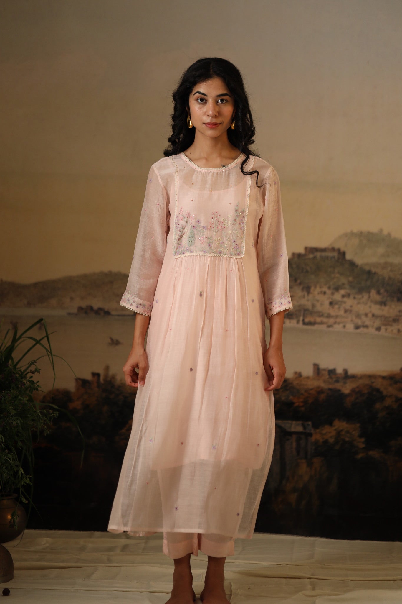 Ivory pink flamingo kurta set with dupatta