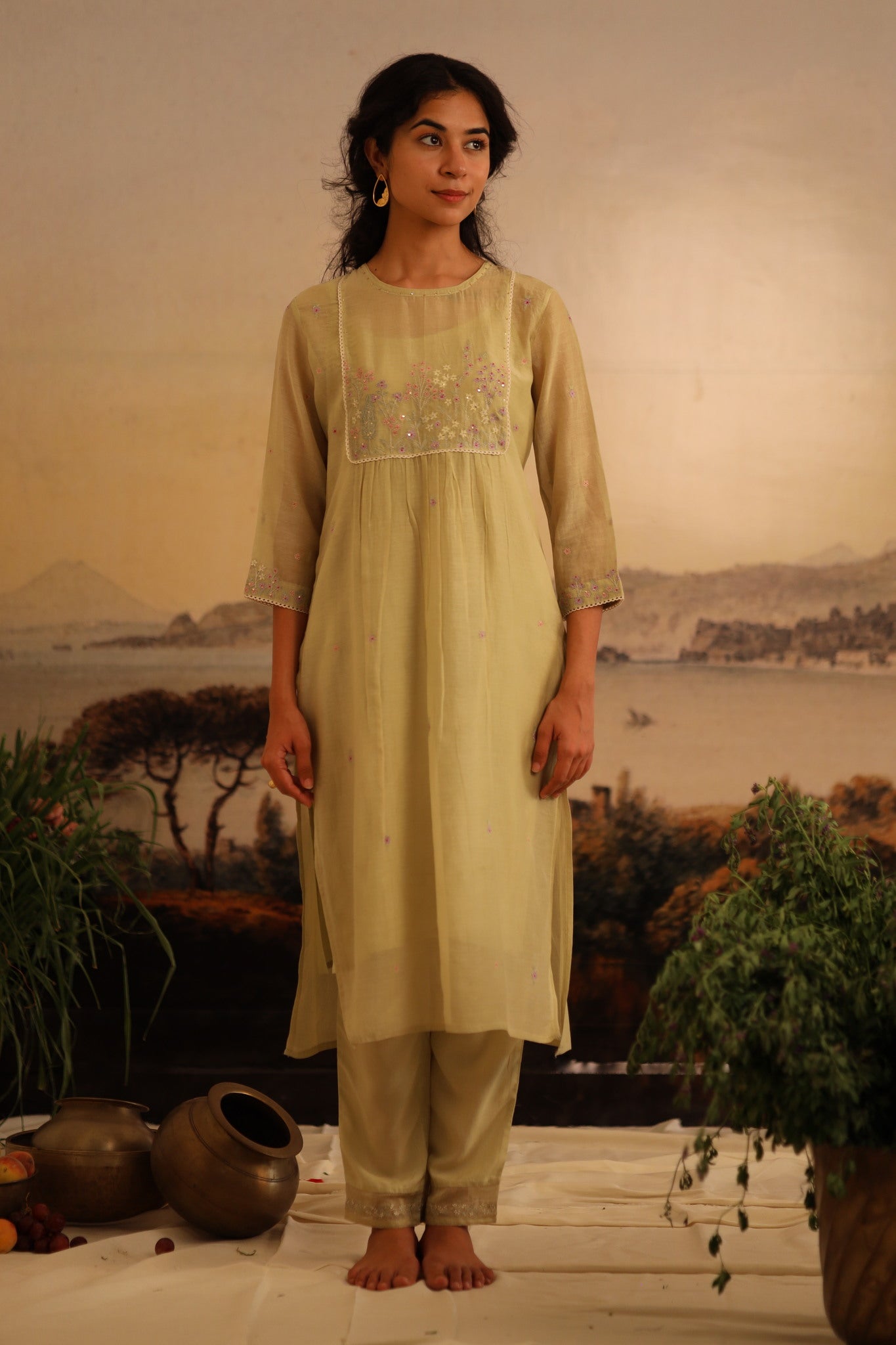 Sage Green Flamingo Kurta set with dupatta