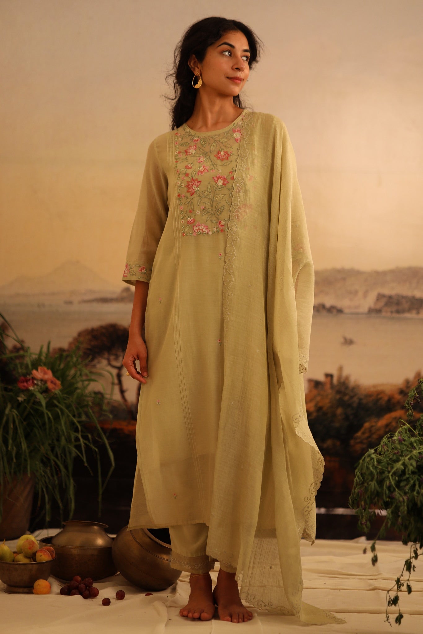 Sage Green Rose Garden kurta set with dupatta