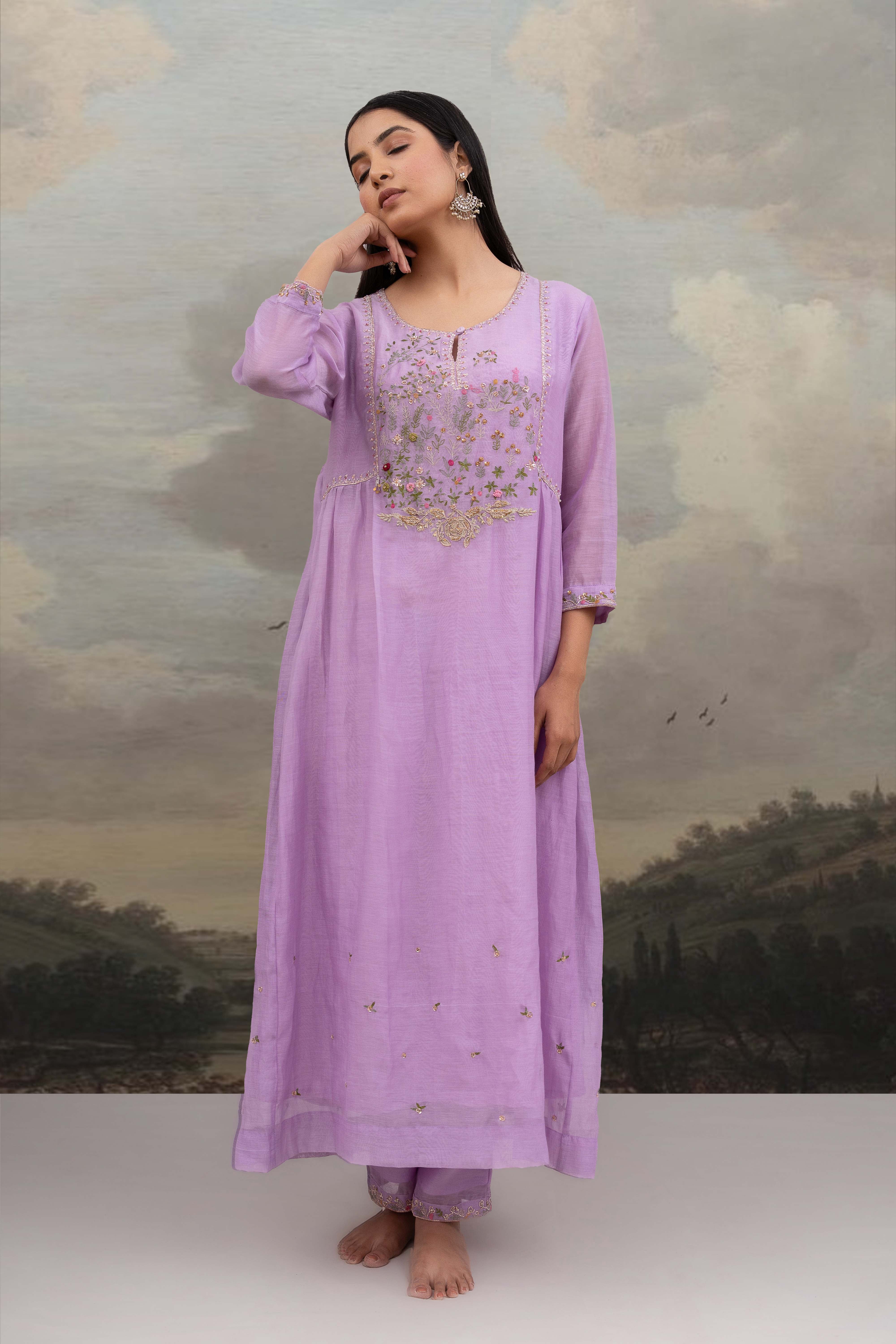 Lavender falling stars dress with dupatta
