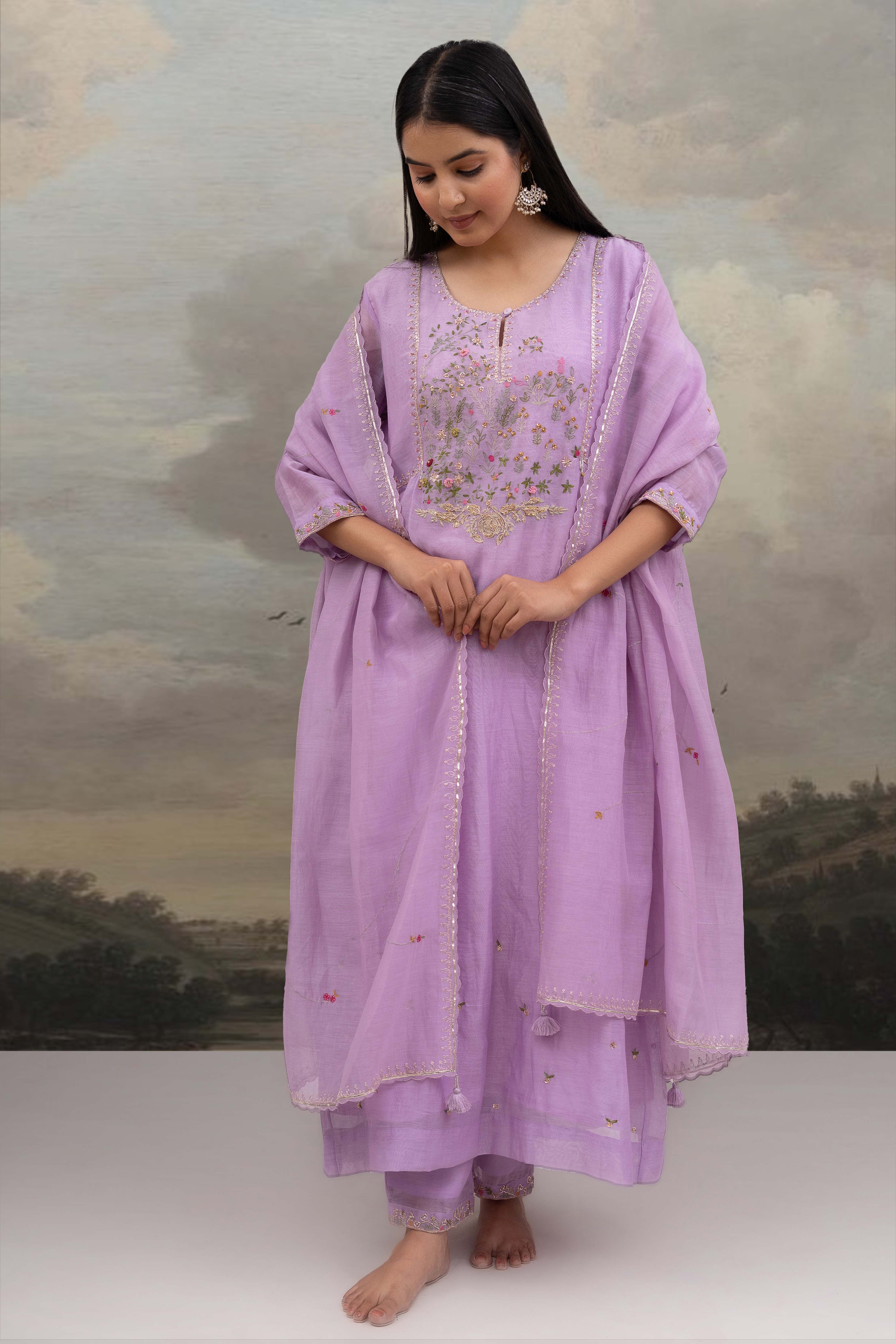 Lavender falling stars dress with dupatta