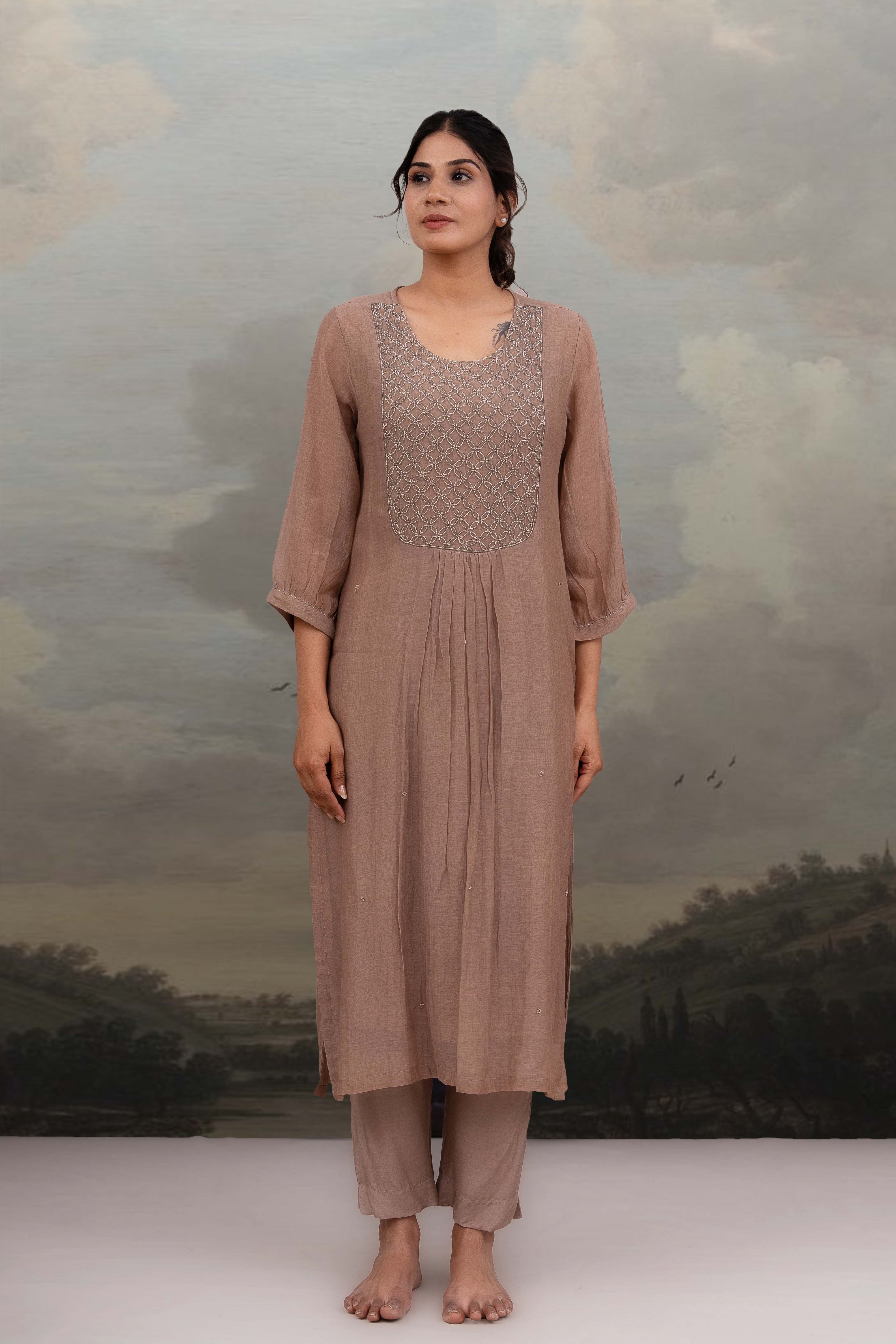 CHIKU BEADED YOKE JAAL KURTA SET
