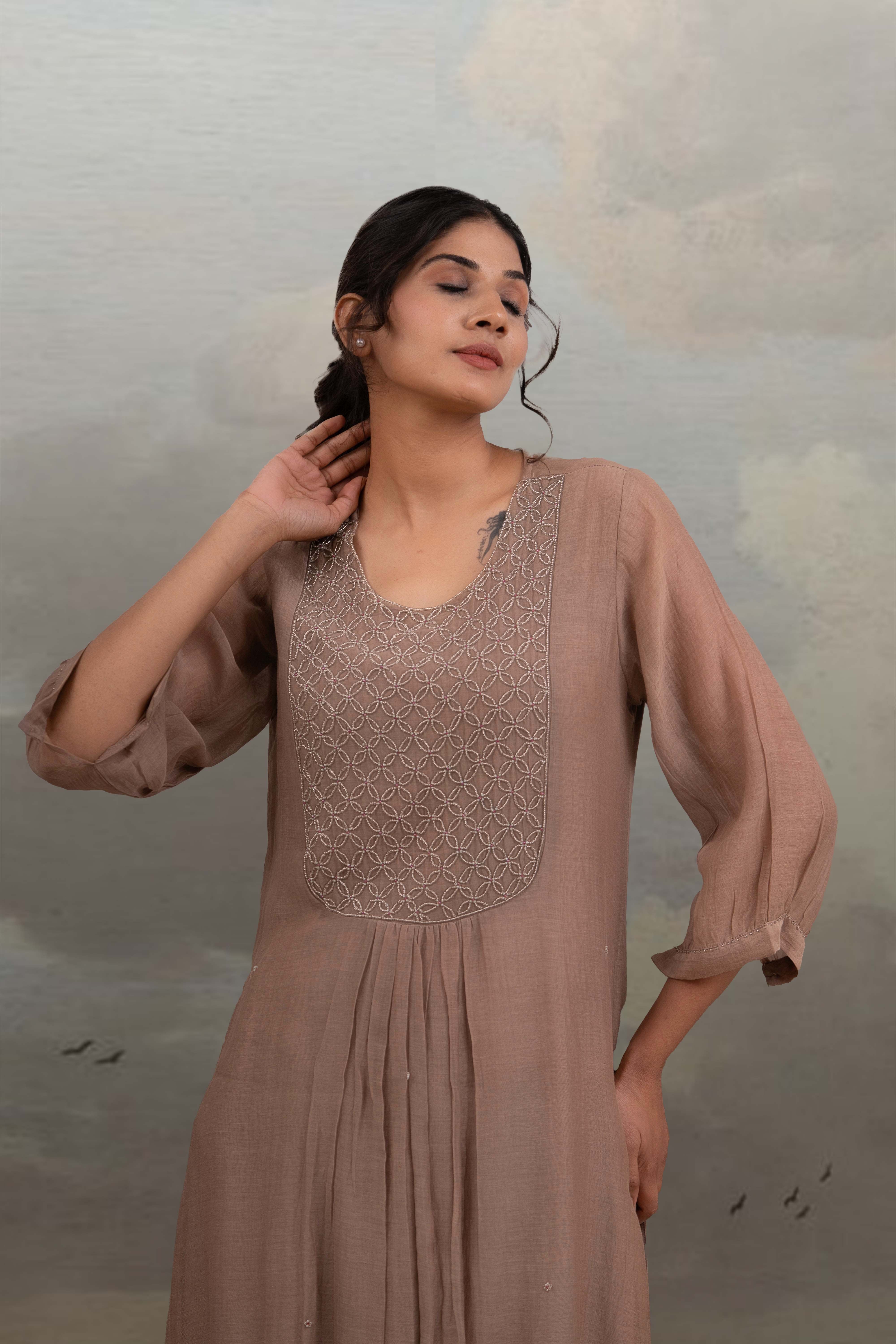 CHIKU BEADED YOKE JAAL KURTA SET